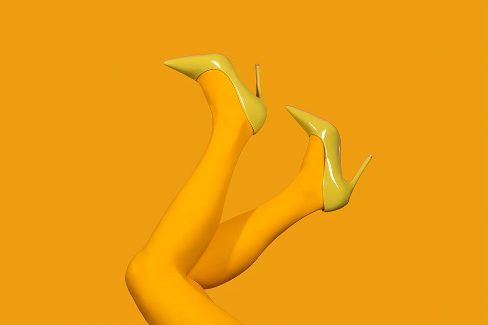 Womans Legs In Yellow Tights And High Heels On Yellow Background art print by Alena A for $57.95 CAD