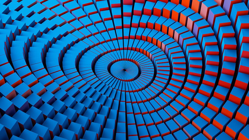 Abstract 3D Rendering Of Dynamic Wavy Geometric Shapes In Blue And Red art print by Dreava Bogdan for $57.95 CAD