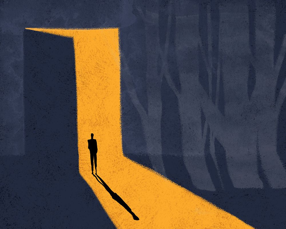 Man Standing In Minimalistic Abstract Light Path Symbolizing Opportunity art print by Elena Sapegina for $57.95 CAD