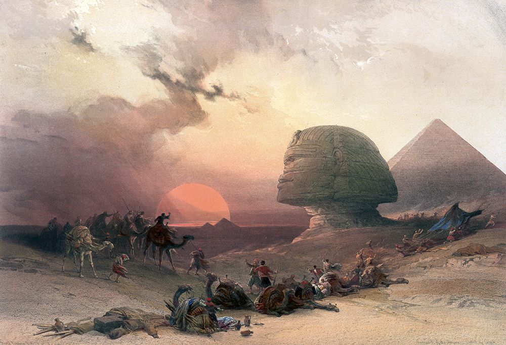 Approaching The Simoom, Desert Of Giza With Sphinx, Pyramids And Camel Caravan, Egypt, C.1850 art print by Unknown for $57.95 CAD