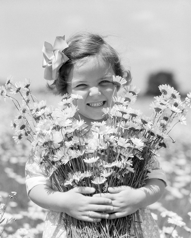 1930S Smiling Happy Little Girl Looking At Camera Holding Big Bunch Of Freshly Picked Flowers art print by H. Armstrong Roberts for $57.95 CAD