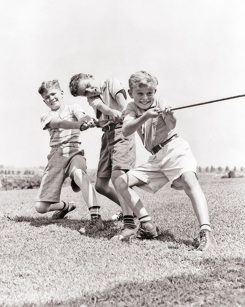 1930S 1940S Three Smiling Energetic Teen Boys Struggling Together Pulling Rope In Tug Of Sneakers art print by H. Armstrong Roberts for $57.95 CAD