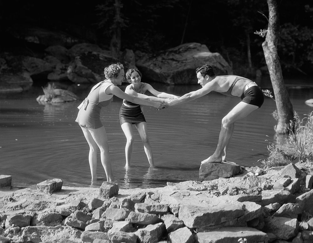 1920S 1930S Two Women Pulling Man Into Woodland Swimming Pond All Wearing Bathing Suits art print by ClassicStock for $57.95 CAD