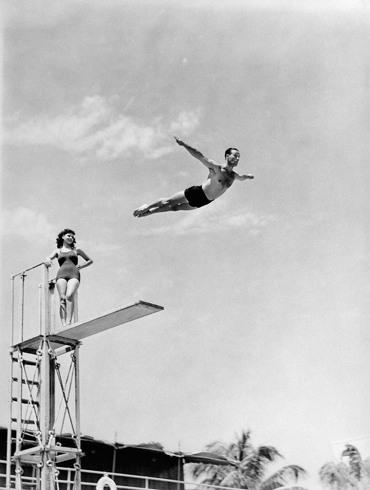 1940S Man Swan Diving Off High Diving Board Woman Watching art print by ClassicStock for $57.95 CAD
