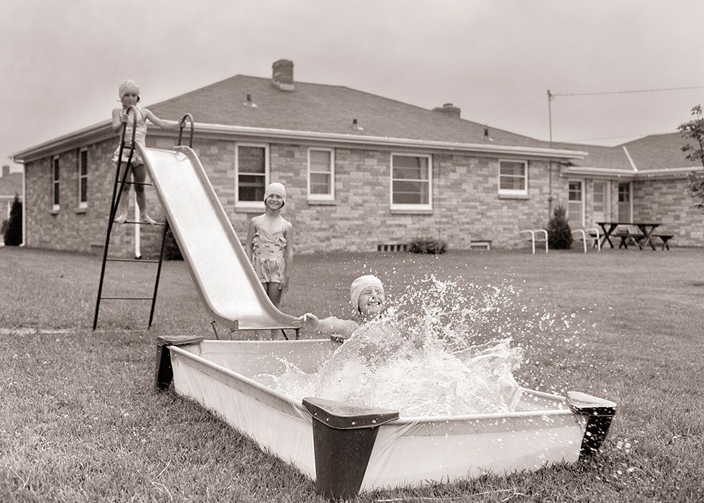 1950S 1960S Three Girls Playing In Backyard Going Down Sliding Board Into Plastic Swimming Splash art print by LEFEBVRE for $57.95 CAD