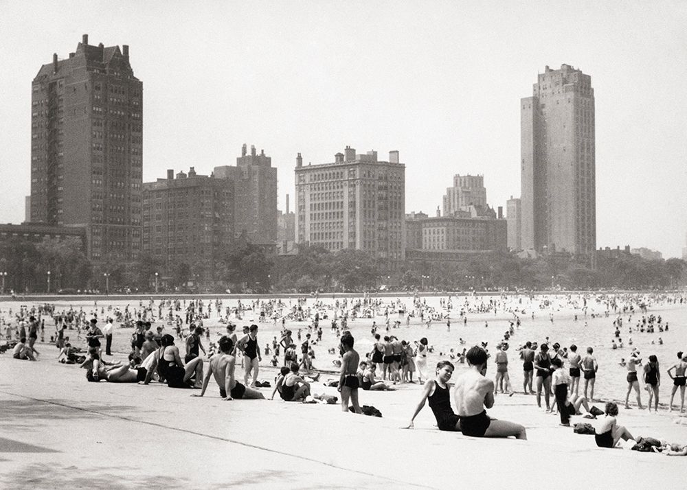 1930S Sunbathers On Beach Lake Michigan Lake Shore Drive Skyscrapers Of Michigan Avenue In USA art print by H. Armstrong Roberts for $57.95 CAD