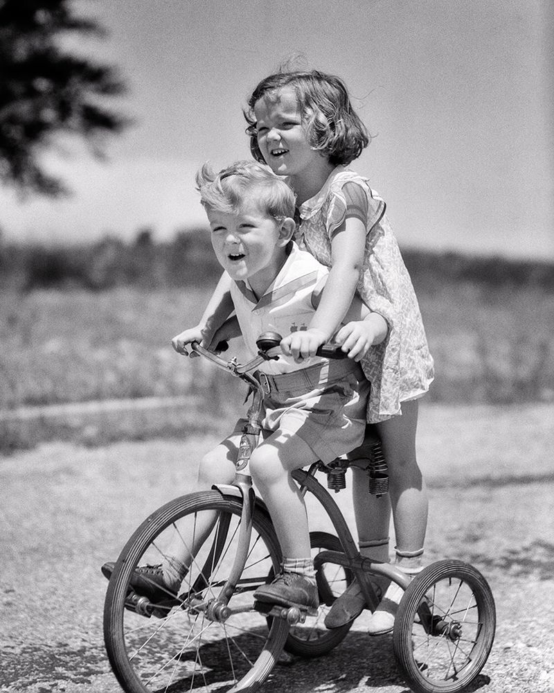 1930S Boy And Girl Brother Sister Riding Tandem On Tricycle Girl Steering On Back Of Trike Boy Fun art print by H. Armstrong Roberts for $57.95 CAD