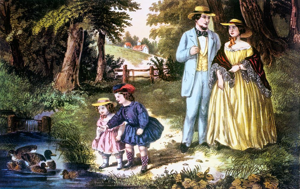 1860S Summer Ramble Family Father Mother Son Daughter Country Lane Ducks - Currier And Ives Litho art print by Herbert Lanks for $57.95 CAD
