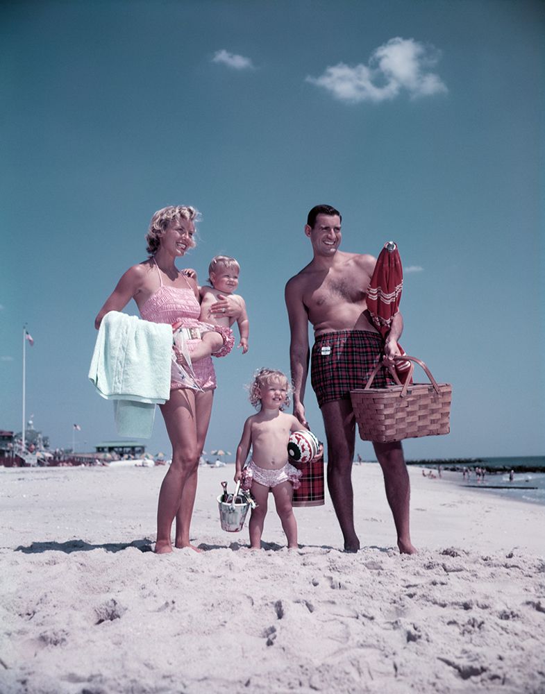 1950S Family Man Woman Mother Father Children Boy Girl Son Daughter Standing Sandy Beach With Basket art print by ClassicStock for $57.95 CAD