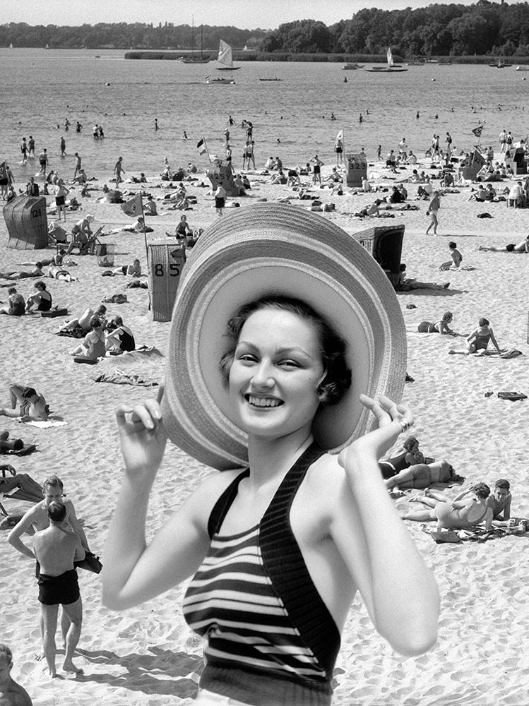 1930S Vacation Montage Portrait Smiling Woman In Bathing Suit Wearing Straw Hat And Scene Of Beach art print by ClassicStock for $57.95 CAD