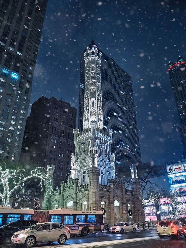 Snow In Chicago At Night In Christmas art print by Maria Elena Garcia for $57.95 CAD