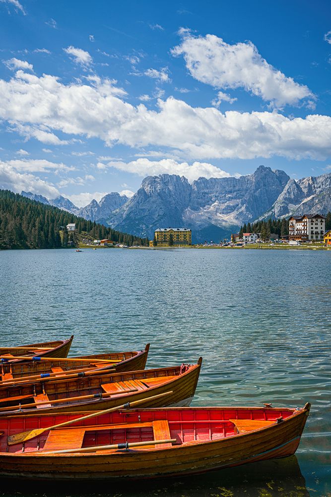 Rowboats On Lake Misurina In Dolomites Mountains In Italy art print by Luis Pina for $57.95 CAD