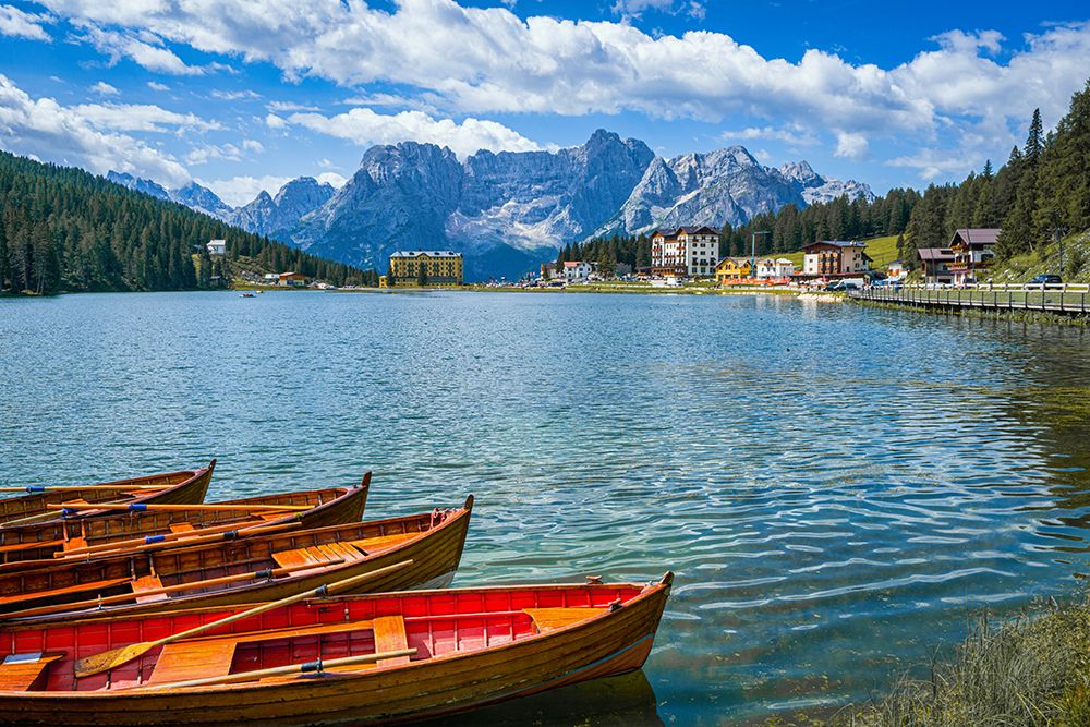 Rowboats On Lake Misurina In Dolomites Mountains In Italy art print by Luis Pina for $57.95 CAD