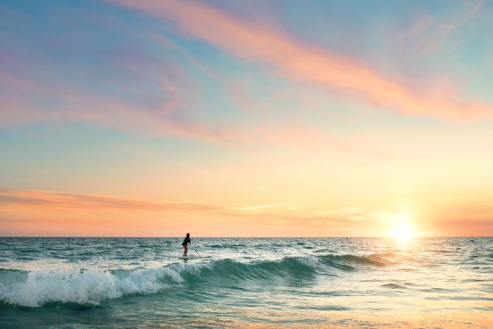 Profile Teenage Girl Paddle Boarding Beautiful Sunset Gulf Of Me art print by Joy Faith for $57.95 CAD