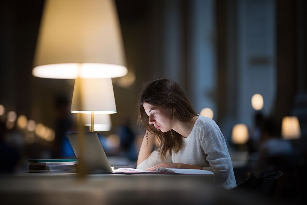 Focused Female Student Studying Late At Night In Library art print by Kelly Bell for $57.95 CAD