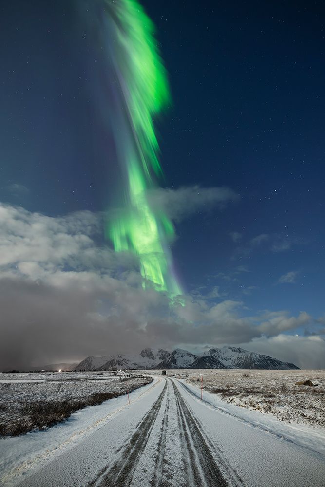 Northern Lights Over Snowy Rural Road, Lofoten Islands, Norway art print by Cody Duncan for $57.95 CAD