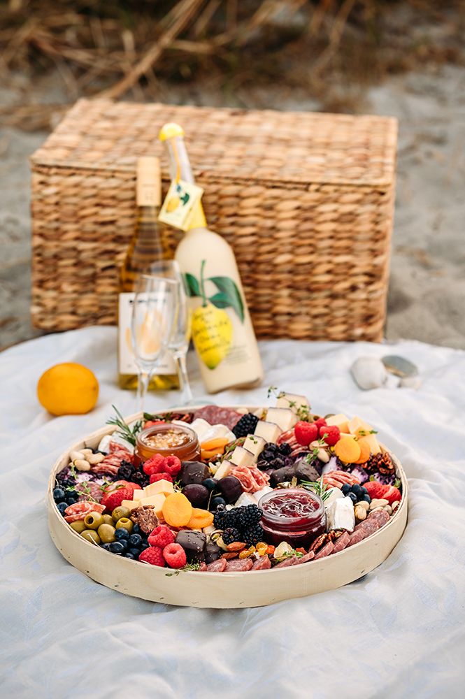 Charcuterie Board With Wine And Limoncello On A Beach Picnic Setup art print by Caitlin Matte for $57.95 CAD
