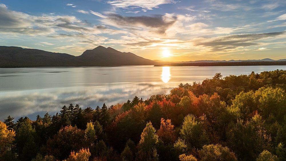 Sunset With Fall Foliage Over Flagstaff Lake And Bigelow, Maine art print by Chris Bennett for $57.95 CAD