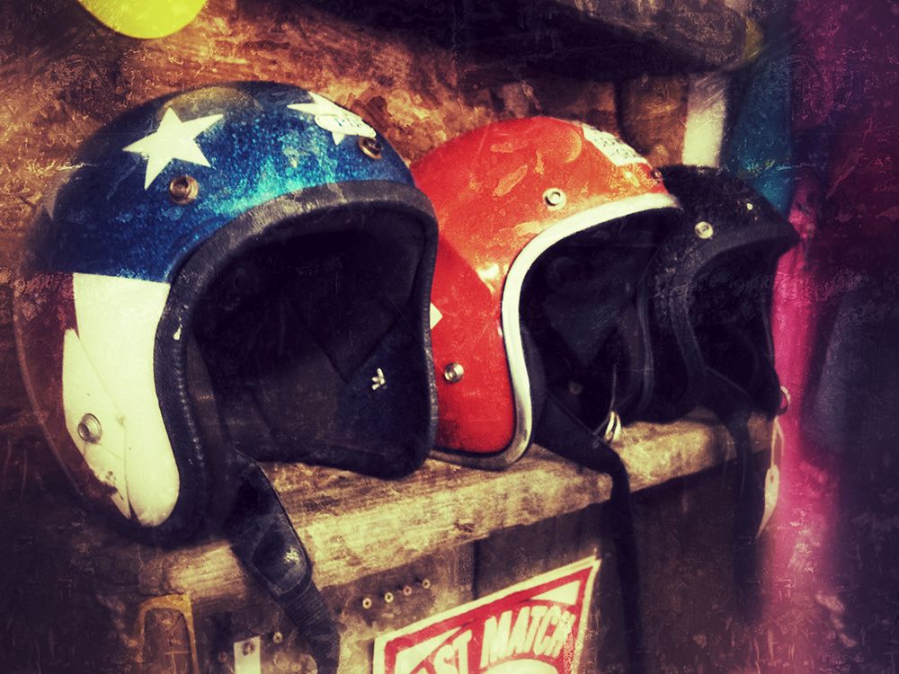 Motorcycle Helmets At A Vintage Clothing Store art print by InStock for $57.95 CAD