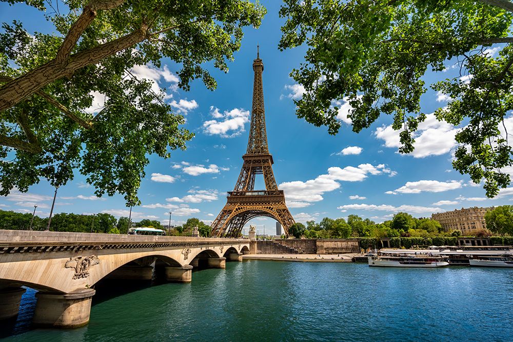 Paris France Eiffel Tower Rising From Banks Of Seine River Waterfront art print by Paul Giamou for $57.95 CAD