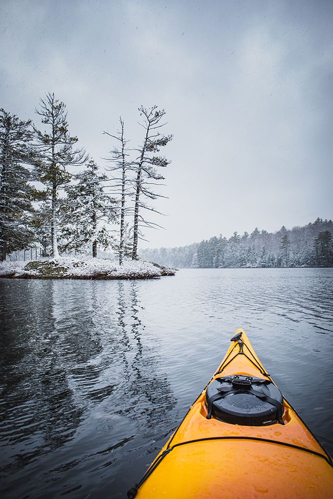 Kayaking On A New Hampshire Pond During A Spring Snow Storm art print by Kari Post for $57.95 CAD