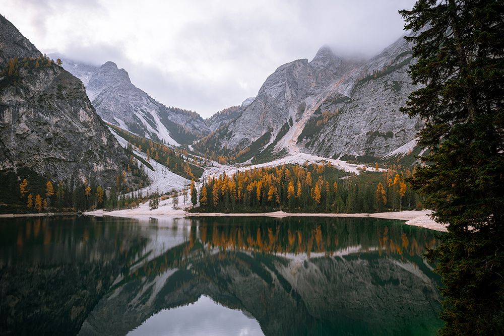 Autumn Colors At Lago Di Braies In Dolomites With Reflections art print by Anastasiia Akh for $57.95 CAD