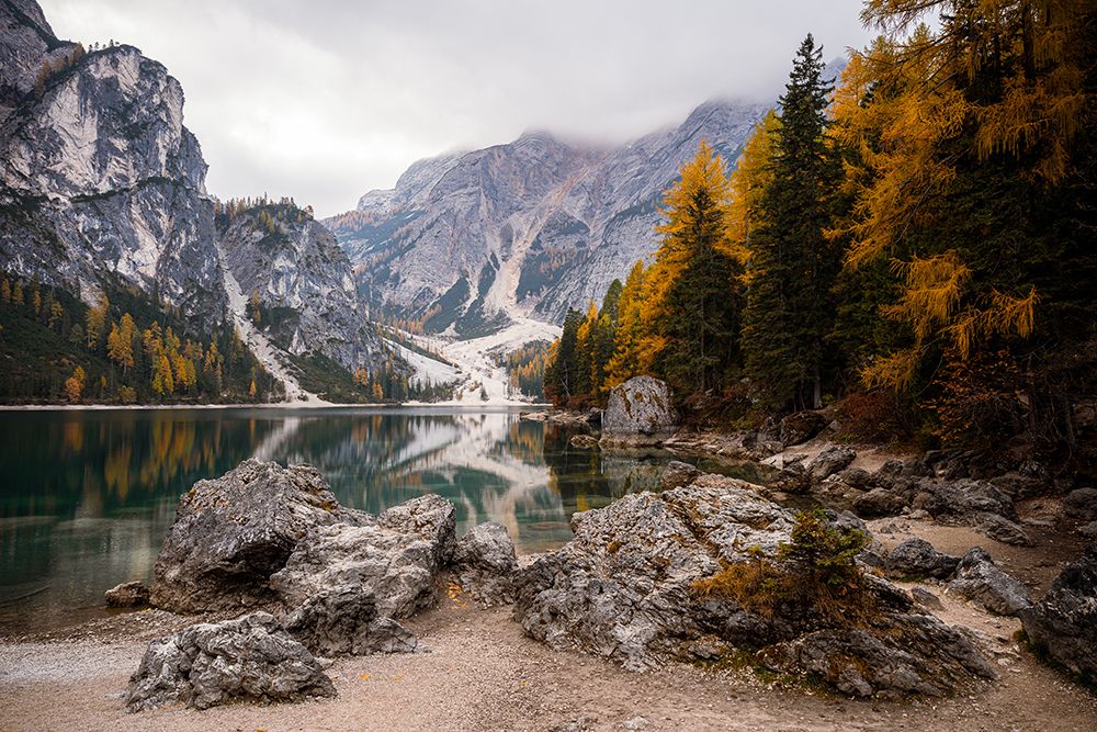 Autumn Colors At Lago Di Braies In Dolomites With Mountain Reflections art print by Anastasiia Akh for $57.95 CAD
