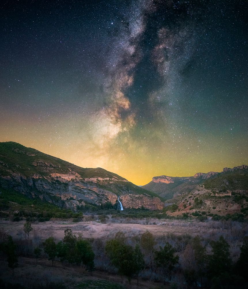 Panoramic Night View Of The Milky Way Over A Waterfall art print by Hector Hernandez for $57.95 CAD