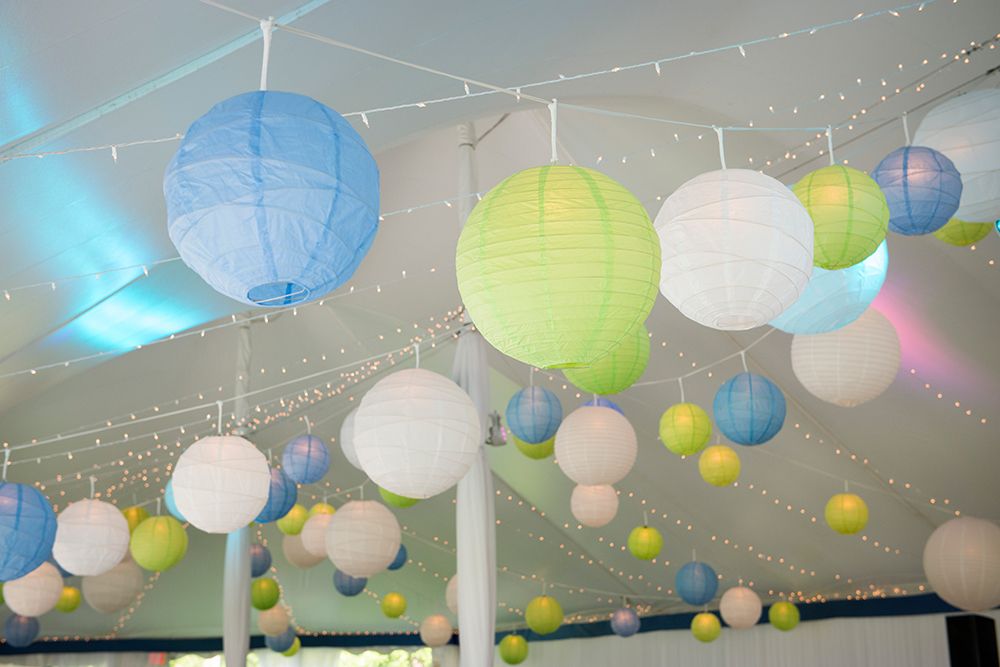 Colorful Paper Lanterns Hanging In Event Tent art print by Mariah Ashley for $57.95 CAD