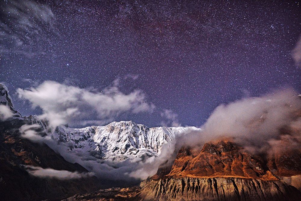 Stunning Night Sky Over Snow-Capped Mountains: Explore Majestic Beauty Of Himalayas Annapurna Stars art print by Max Seigal for $57.95 CAD