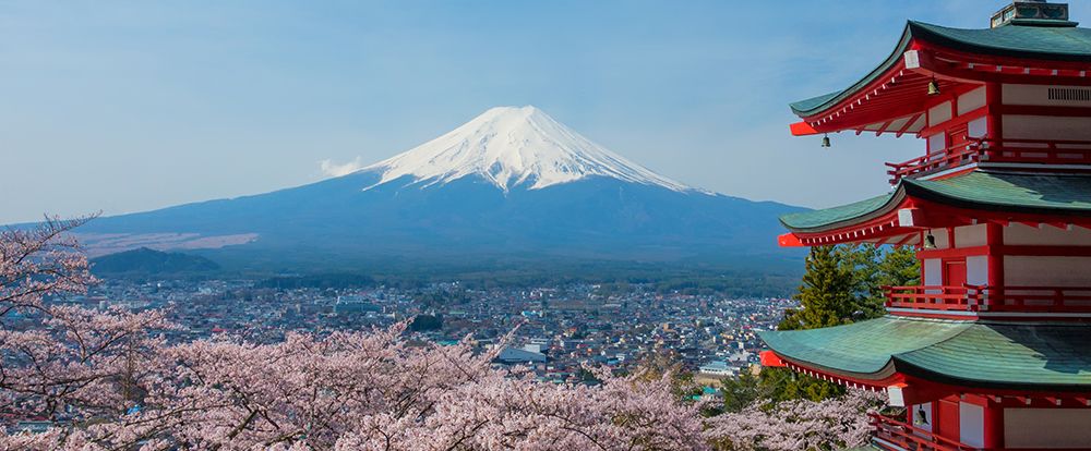 Mount Fuji With Cherry Blossoms And Traditional Pagoda - Japan Travel art print by Max Seigal for $57.95 CAD