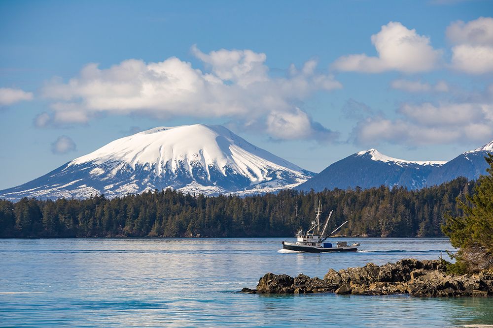 Commercial Fishing Boat Cape Purse Seiner, Passes By Mount Edgecumbe, Sitka Sound, Southeast, Alaska art print by Patrick J Endres for $57.95 CAD