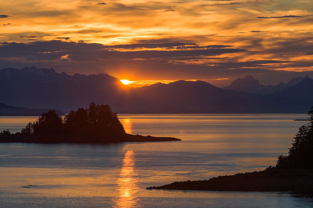 Sunset Behind The Chilkat Mountains, Franklin Island In The Lynn Canal, Southeast, Alaska art print by Patrick J Endres for $57.95 CAD