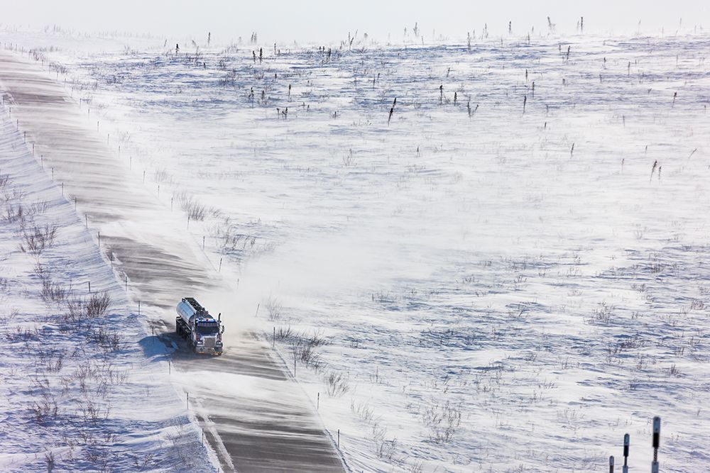 Blowing Snow Across James Dalton Highway Near Finger Mountain, Notoriously Winder Area Along Alaska. art print by Patrick J Endres for $57.95 CAD