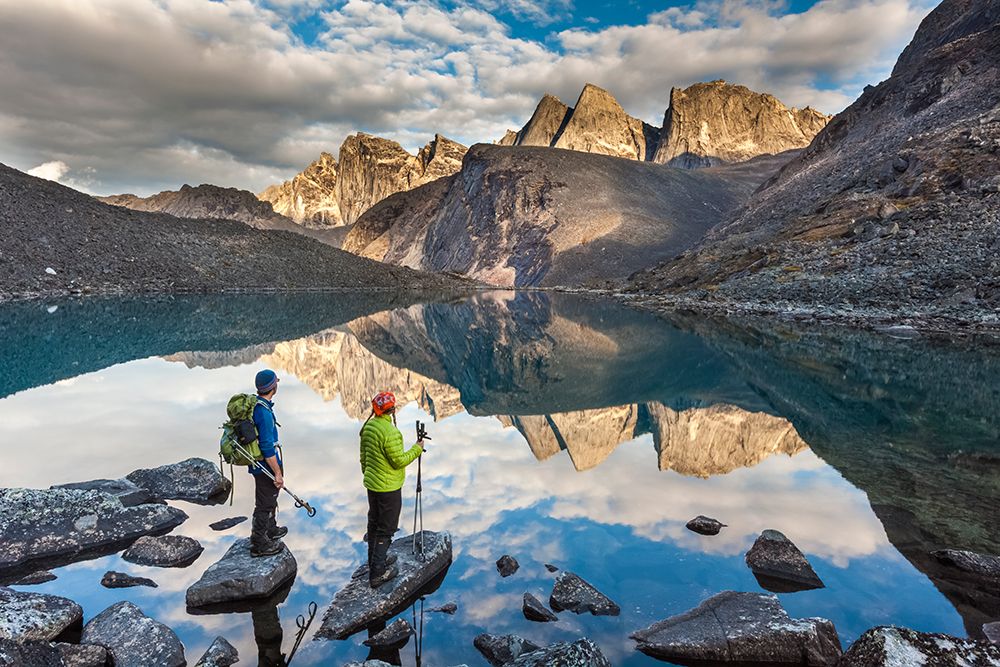 Hikers View Camel Peak Reflecting In Mountain Lake In Arrigetch Peaks, Gates Of Arctic Alaska. art print by Patrick J Endres for $57.95 CAD