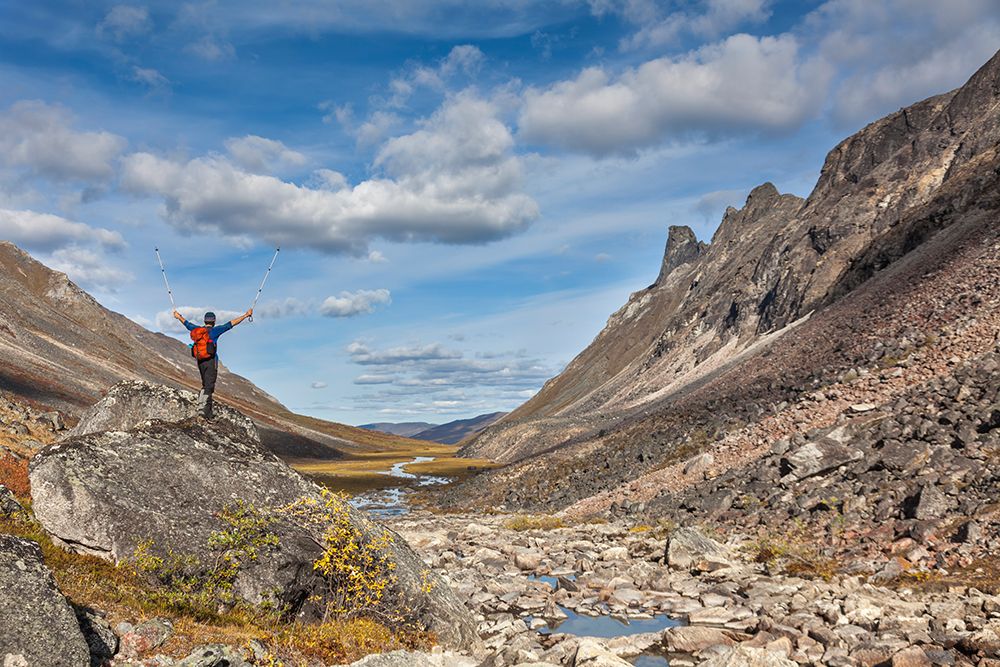 Hiker On Boulder In Arrigetch Creek, Arrigetch Peeks, Gates Of The Arctic National Park, Alaska. art print by Patrick J Endres for $57.95 CAD