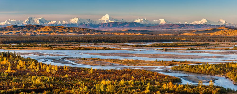 Panorama Landscape Of Tanana River And Prominent Peaks In Alaska Range, Moffit, Hayes, Hess, Alaska. art print by Patrick J Endres for $57.95 CAD