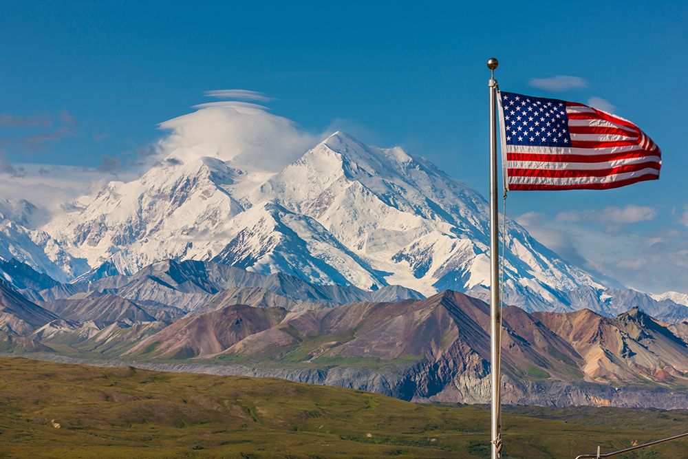 American Flag Flies At Eielson Visitors Center With Summit Of Denali Visible In Distance, Alaska. art print by Patrick J Endres for $57.95 CAD