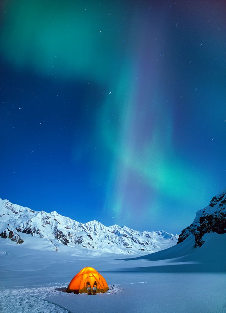 Yellow North Face Tent Glows Under Full Moon Night On Canwell Glacier In Overhead. Interior, Alaska art print by Patrick J Endres for $57.95 CAD