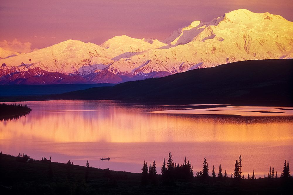 Recreational Canoers Enjoy Calm Water Of Wonder Lake At Sunset With Denali On Horizon, Denali Alaska art print by Patrick J Endres for $57.95 CAD