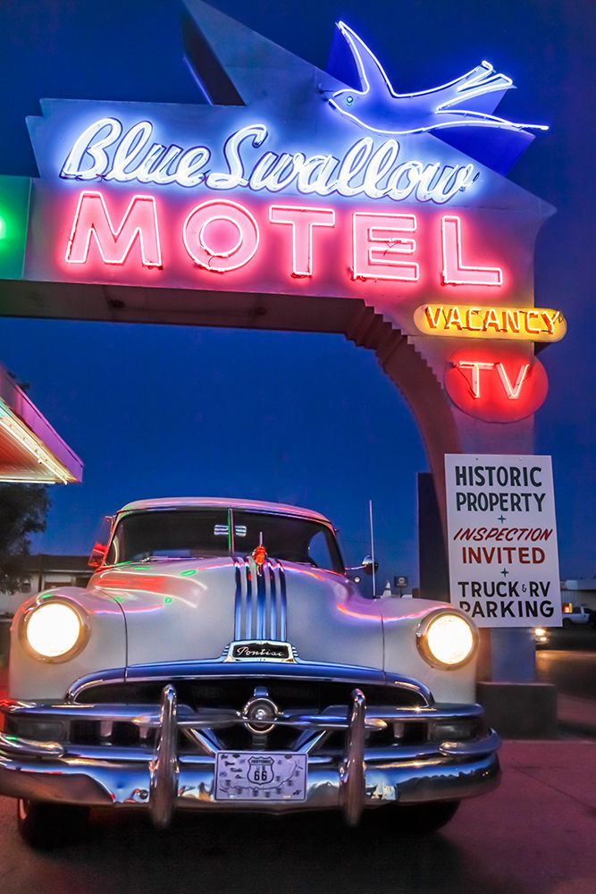 Tucumcari, New Mexico. Famous Blue Swallow Motel On Route 66, 1950S Car Parked In Front Of Lobby art print by Julien McRoberts for $57.95 CAD