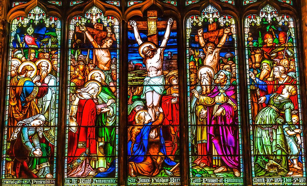 Jesus Crucifixion Mary John Stained Glass Basilica St Giles Cathedral Edinburgh Scotland art print by William Perry for $57.95 CAD
