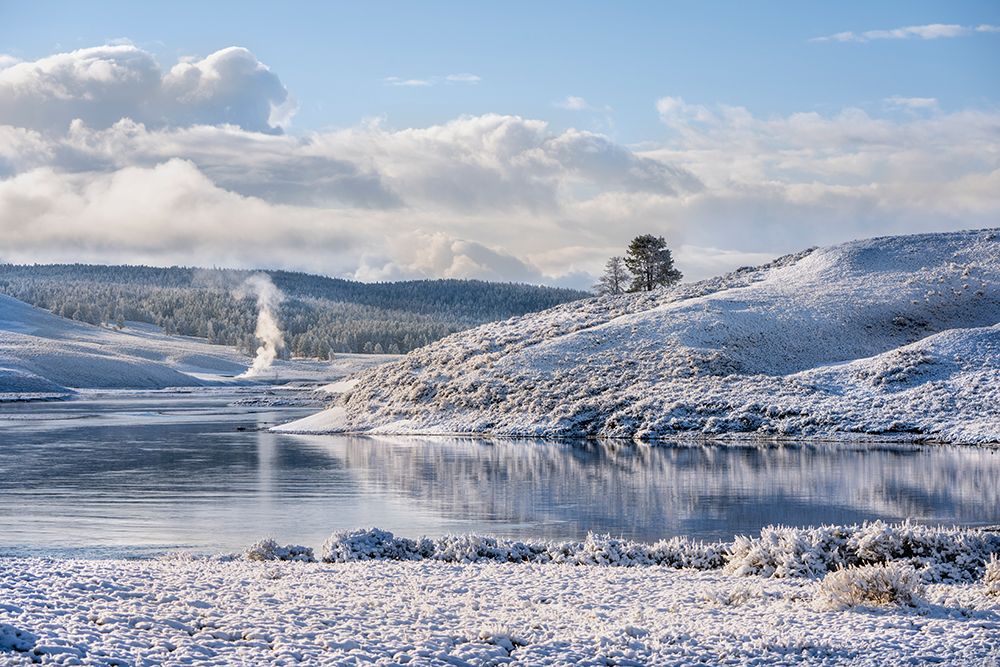 USA, Wyoming, Yellowstone National Park. Sunrise On Yellowstone River And  Hot Spring Steam. art print by Don Grall for $57.95 CAD