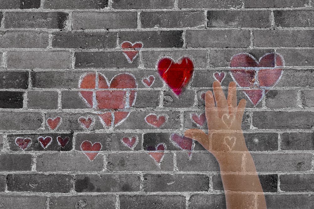Abstract of brick wall with hearts and hand art print by Jaynes Gallery for $57.95 CAD