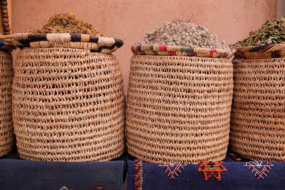 Marrakech-Morocco Baskets of herbs and teas for sale in the medina art print by Julien McRoberts for $57.95 CAD