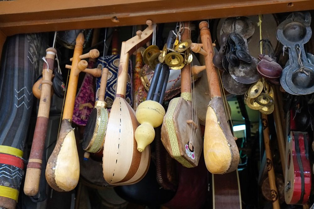 Fes-Morocco Traditional musical instruments for sale at a music shop in the medina art print by Julien McRoberts for $57.95 CAD