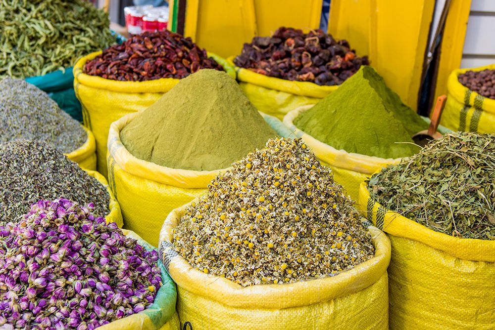 Spices and dry goods in the shops of Kasbah in Bab Al Fahs, Old Medina, Tangier, Morocco art print by Michael DeFreitas for $57.95 CAD