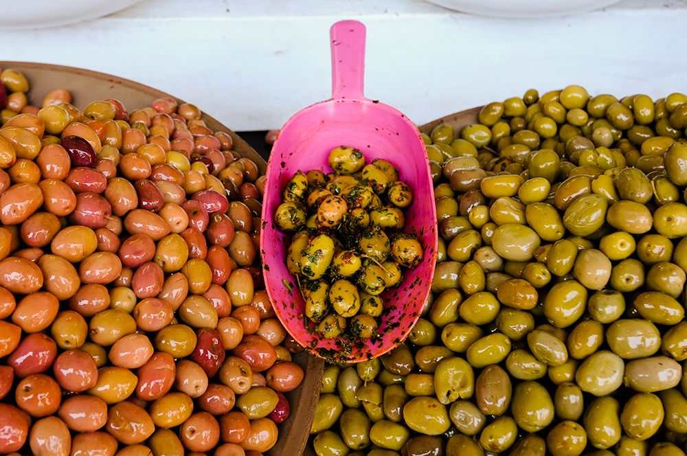 Bowls of cured olives for sale at the Medina souk Marrakech-Morocco art print by Sergio Pitamitz for $57.95 CAD