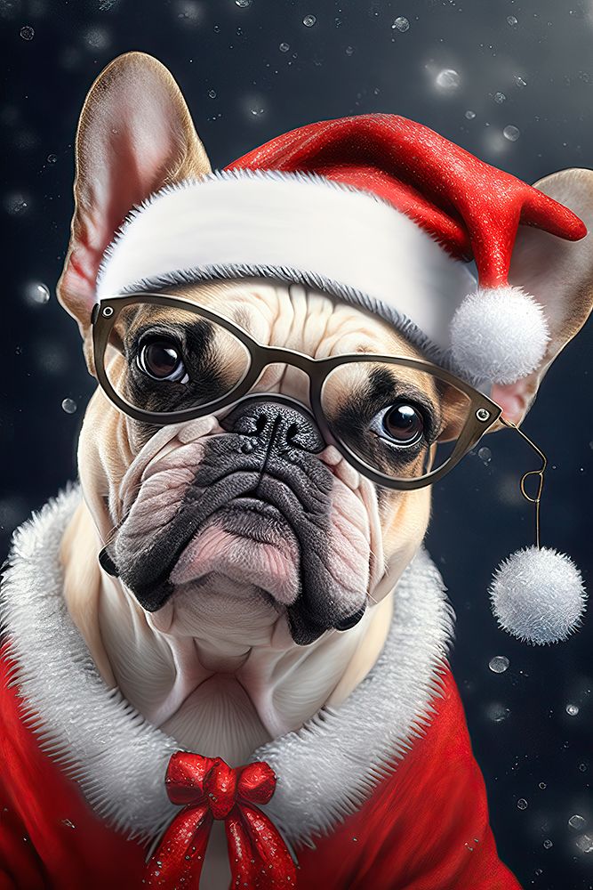 Pug dog dressed in Santa outfit and glasses. AI Generated. art print by Jaynes Gallery for $57.95 CAD