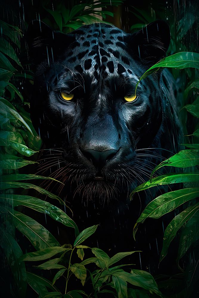 Black leopard face in a rainy jungle foliage. AI Generated. art print by Jaynes Gallery for $57.95 CAD